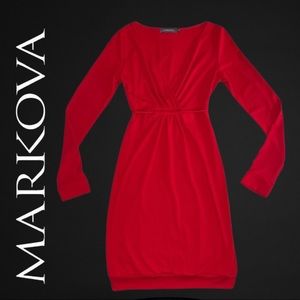 Red Long Sleeve Dress Plunge V-neck Dress S Small by Markova